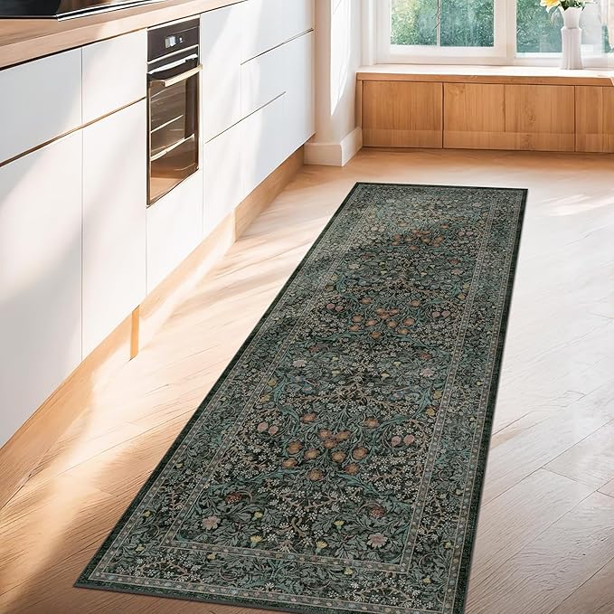 Dark Green 2x5 Runner Rug Non Slip Washable for Bathroom, Kitchen, Floral Boho Low Pile Entryway Rug, Door Mat Indoor Entrance, Small Carpet Runner for Laundry Room