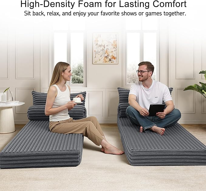 MeMoreCool Convertible Sofa Bed, Folding Floor Couch Bed Queen, Pull Out Sleeper Couch with Pillows, Fold Out Futon Sofa for Bedroom Living Room Small Space, Corduroy Grey