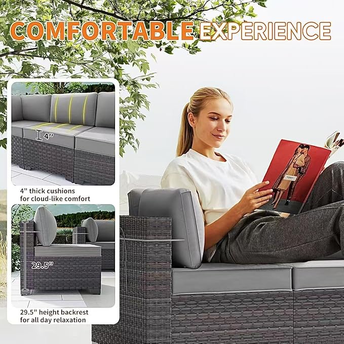 Gotland 15 Pieces Patio Furniture Set with Fire Pit Table, All Weather Rattan Outdoor Furniture with 29.5'' High Backrest 4’’ Thick Cushions Coffee Table, Patio Set for Porch, Deck, Backyard, Gray