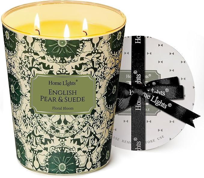 HomeLights Soy Wax Candles for Home Scented, 3-Wick Candles in English Pear & Suede Scented, Bohemian Natural Textures Aromatherapy Candles Gift for Parties, Relaxing, 34oz