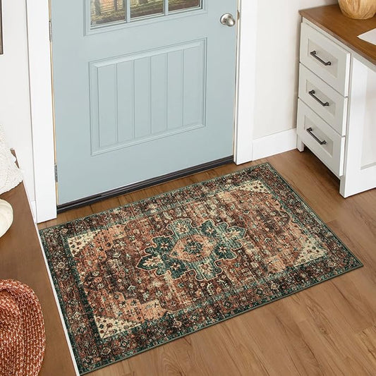 Moynesa Washable Vintage Bathroom Rug, Small Area Rug 2x3 Entryway Rug Indoor Door Mat, Boho Kitchen Rugs Non Skid Non Slip, Non-Shedding Ultra-Thin Oriental Throw Carpet for Bedroom Decor