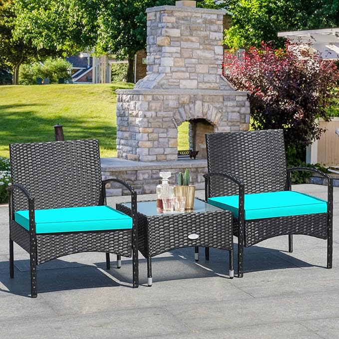COSTWAY 3 PCS Patio Wicker Conversation Set, PE Rattan Sofa with Tempered Glass Coffee Table, 2 Chairs, 2 Cushions, Outdoor Patio Furniture Set for Yard Porch Bistro Balcony Backyard Pool, Turquoise