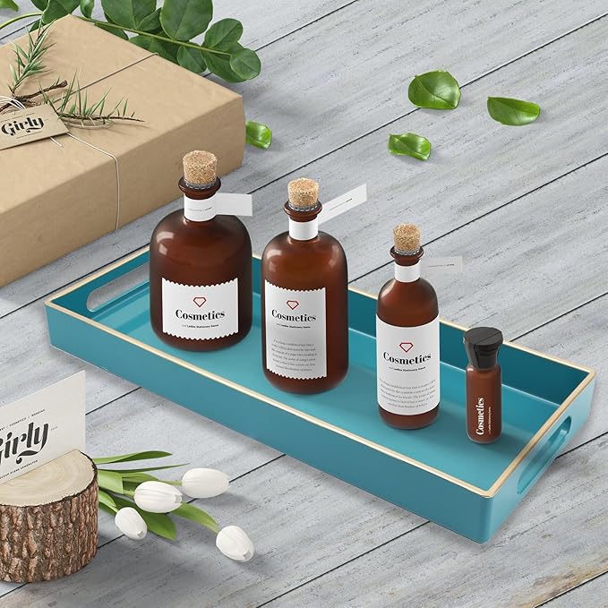 Teal Blue Vanity Tray with Handles, Decorative Tray Desktop Storage Organizer for Bathroom, Living Room, 5.9"*13.7"