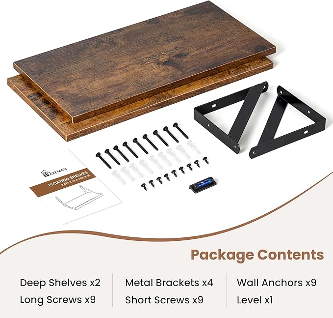 Axeman Floating Shelves for Wall, 16W x 8D Wood Floating Shelves Set of 2, 8'' Deep Rustic Wall Shelves for Bookshelf Living Room Bedroom Home Office Bathroom