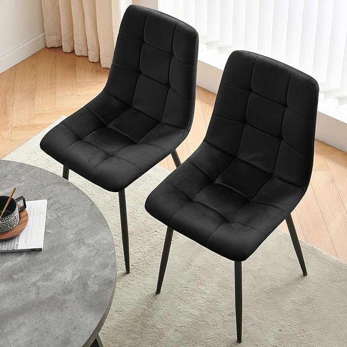 NORDICANA Dining Chairs Set of 2, Upholstered Kitchen Chairs, Black Velvet Side Chairs with Comfortable Cushions & Metal Legs