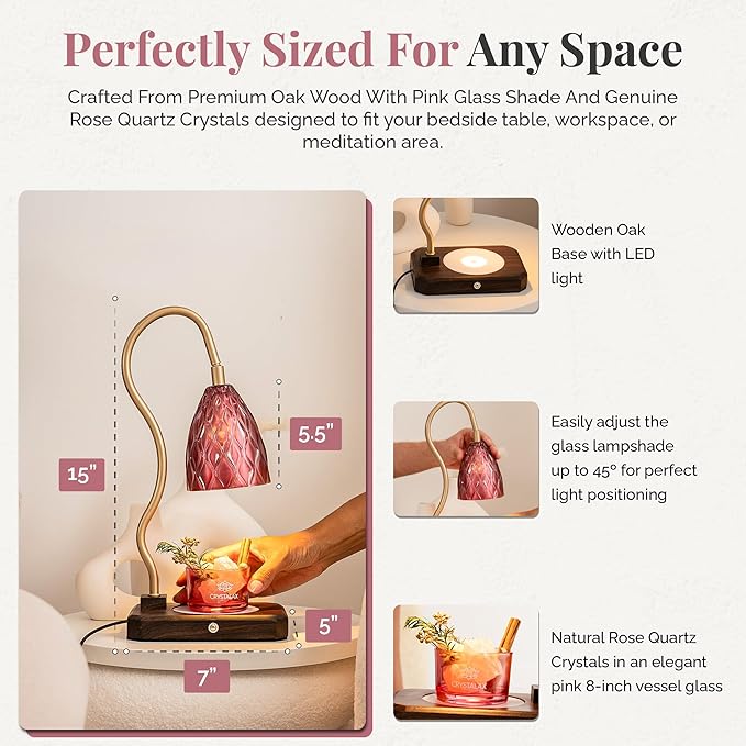 CRYSTALAX Candle Warmer Lamp with Rose Quartz Crystals – Luxury Flameless Candle Melting Lamp for Home Décor, Aromatherapy & Relaxation – Timer, Touch Sensor & 2 Bulbs Included with luxury gifting box