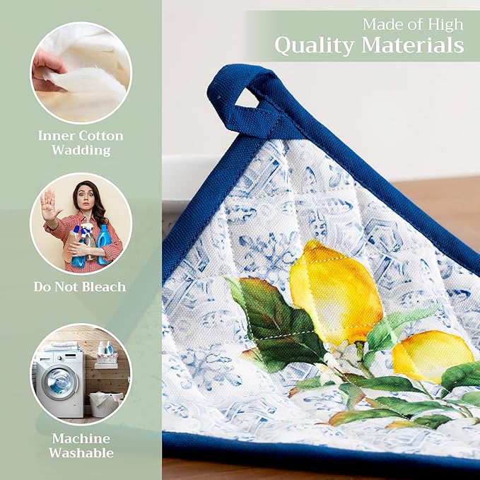 Maison d' Hermine Pot Holders Set 100% Cotton Heat Resistant Potholders 8" x 8" Hot Pads with Loop BBQ, Cooking, Baking, Grilling, Kitchen, Handling Hot Pans Spring/Summer (Pack of 2, Citrus)