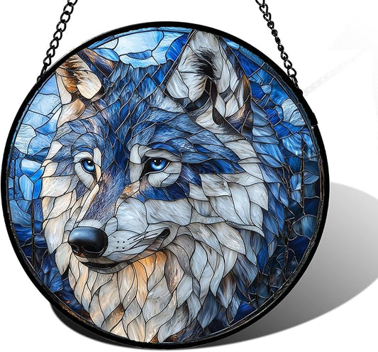 Stained Glass Window Hanging - Funny Wolf Suncatcher Ready to Hang Window Doors Home Decoration and Christmas, Mother's Day Birthday Gifts for Women, Men, and Mom 7.8x7.8 in