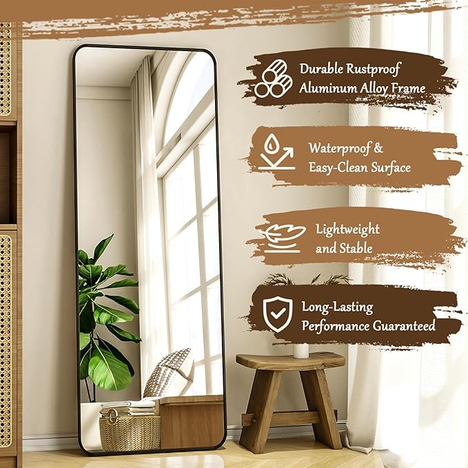 56"x21" Floor Full Length Mirror Standing Full Body Rounded Corner Rectangle Mirrors with Stand Hanging Wall Mounted Leaning Bedroom Living Room Bedroom Cloakroom,Black