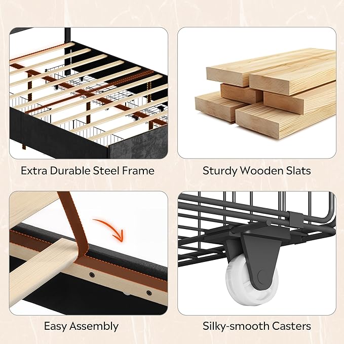 WLIVE Queen Size Upholstered Bed Frame with 4 Drawers and Velvet Square Tufted Headboard, Sturdy Metal & Wooden Slats Support, No Box Spring Needed, Easy Assembly, Black