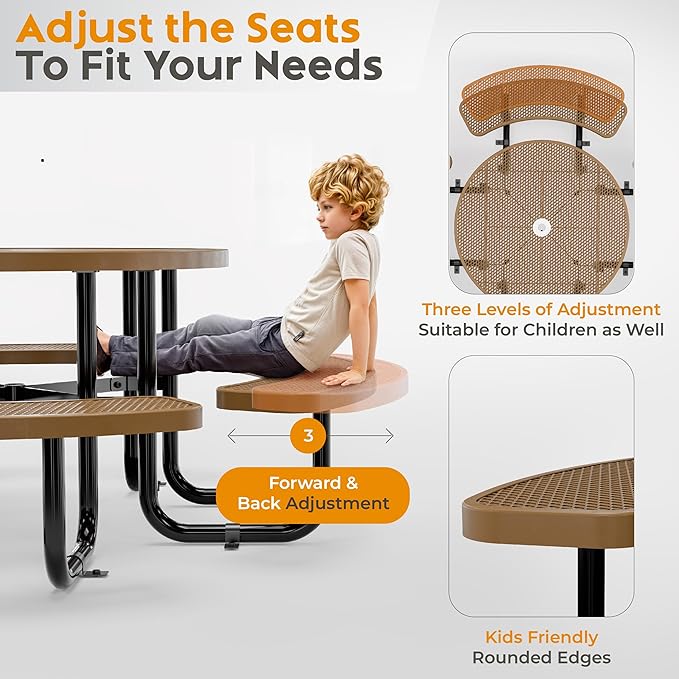 Metal Picnic Tables for Outdoors with Umbrella Hole - Coated Steel Heavy Duty Commercial Grade Furniture Set with Adjustable Seats (Brown, 46 in, Round, Expanded Steel)