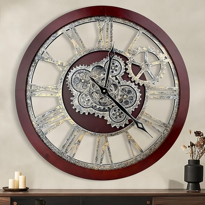 HOIBAI Large Wall Clock, 24 Inch Wall Clocks for Living Room Decor Farmhouse Vintage Rustic Kitchen Wall Decor Vintage Roman Big Oversized Wall Clock for Home Bedroom House Office, Moving Gears Clock