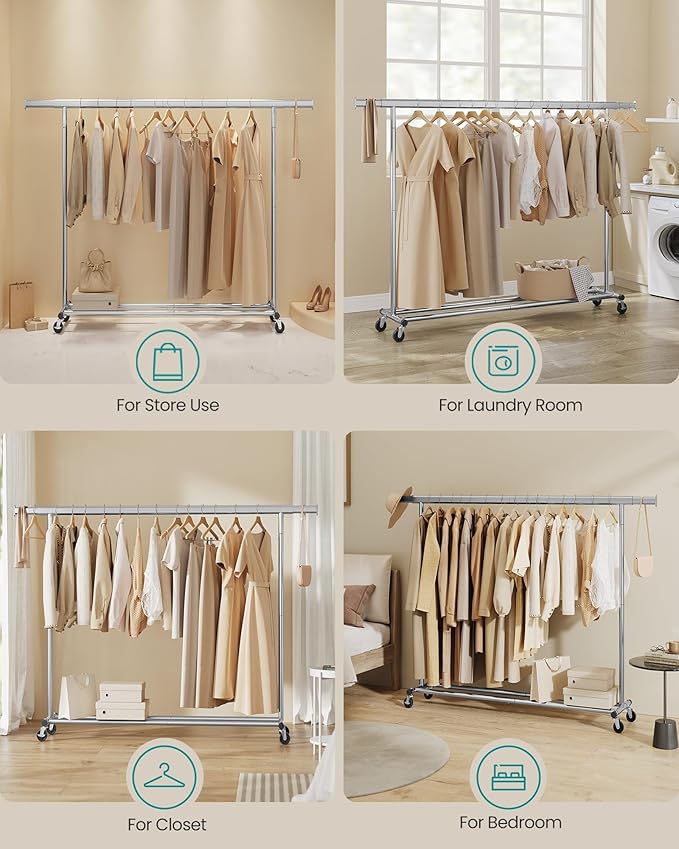 SONGMICS Clothes Rack with Wheels, Heavy-Duty Clothing Rack for Hanging Clothes, Portable, 17.7 x (63-78.7) x 63.6 Inches, with Extendable Rail, 330 lb Load Capacity, Silver UHSR175E01