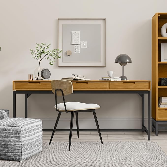 SIMPLIHOME Banting Desk - 72-Inch Wide Solid Oak Veneer and Metal Writing Desk in Oak, Modern Industrial Home Office Computer Table for Study with 2 Drawers and Flip-Down Keyboard Tray