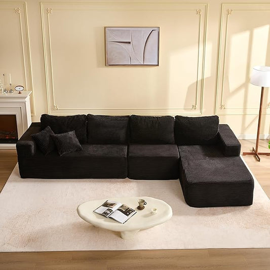 138" Boneless Couch with Deep Seat, Modular Sectional Sofa, Cloud Sectional Couch for Living Room, No Assembly Required, Corduroy, 4 Seater L-Shape Right, Black