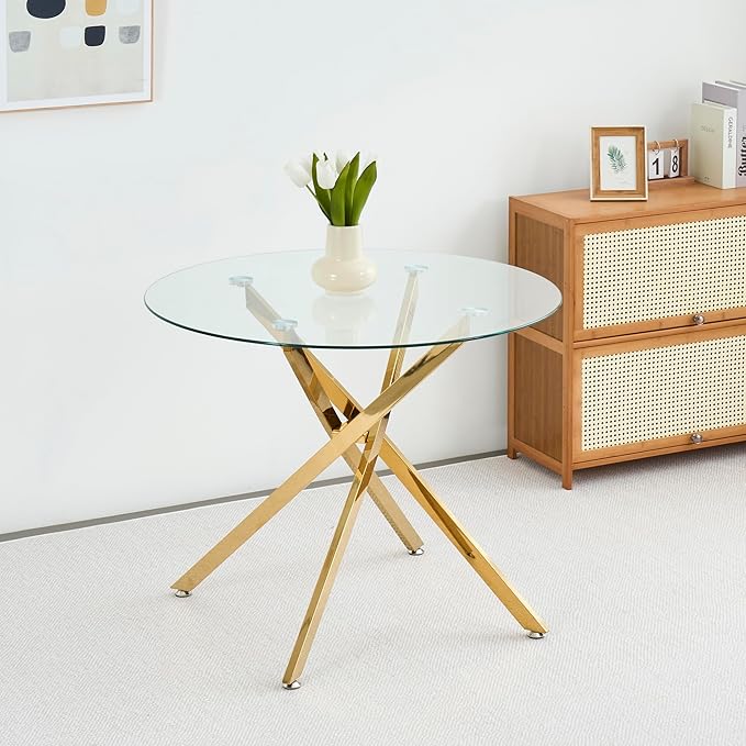 36" Round Glass Dining Table Modern Kitchen Glass Top Table for 4 with Gold Chrome Metal Legs, Clear Dining Table Kitchen Table for Home Office Dining Room