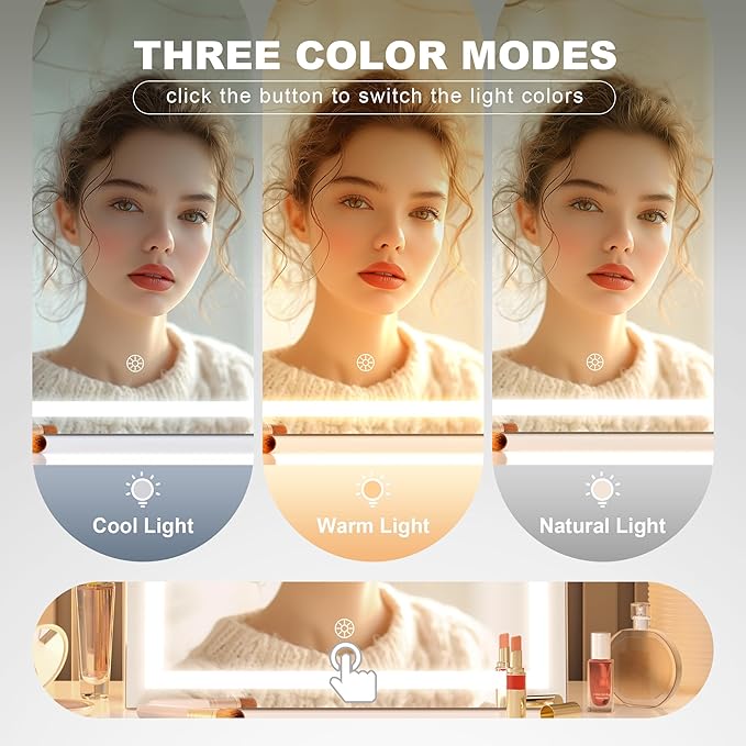 Hasipu Vanity Mirror with Lights, 17.7" x 13.8" LED Makeup Mirror with 10X Magnification, Smart Touch 3 Colors Dimmable, Brightness Adjustment, 360° Rotation, White