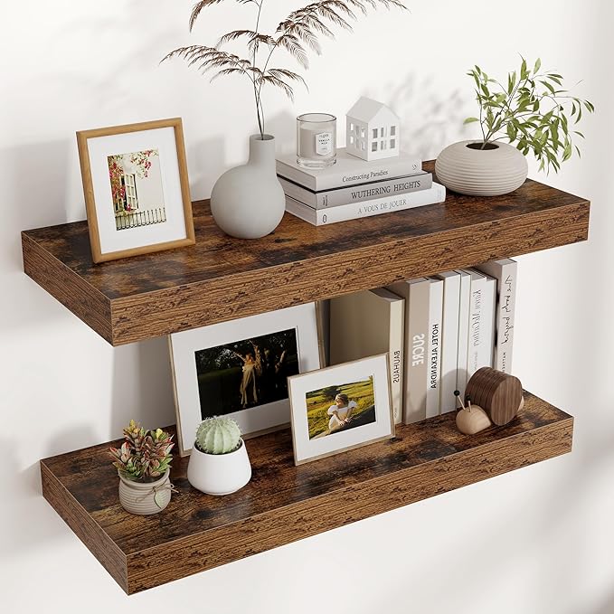 Floating Shelves for Wall, 30" W x 12" D x 2" H, 2 Pack of Long Wall Mounted Engineered Wood Shelves with Invisible Brackets for Living Room, Bedroom, Bathroom, Kitchen Decor, Brown