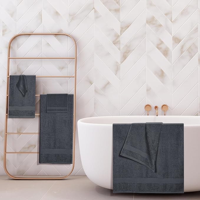 BOUTIQUO 6 Pack Cotton Towel Set, Contains 2 Bath Towels 27x54 inch, 2 Hand Towels 16x24 inch & 2 Wash Coths 12x12 inch, Ideal Everyday use, Ultra Soft Compact & Lightweight - Charcoal Grey