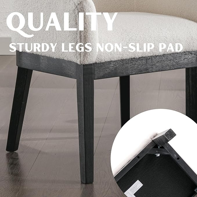 White Mid Century Modern Dining Chairs Set of 4, Farmhouse Boucle Upholstered Accent Curved Backrest Kitchen Chairs Armchairs with Black Wood Legs, White