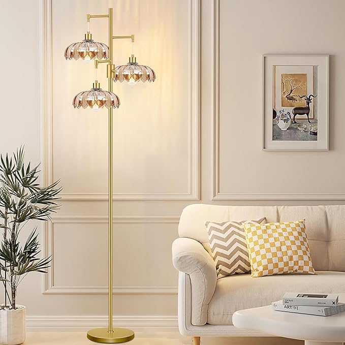 Dimmable Floor Lamp for Living Room Bedroom-3 Light Gold Floor Lamp with Glass Lampshape, Flower Tall Lamp Mid Century Modern Standing Lamp Glass Tree Floor Lamps for Living Room Bedroom,Corner