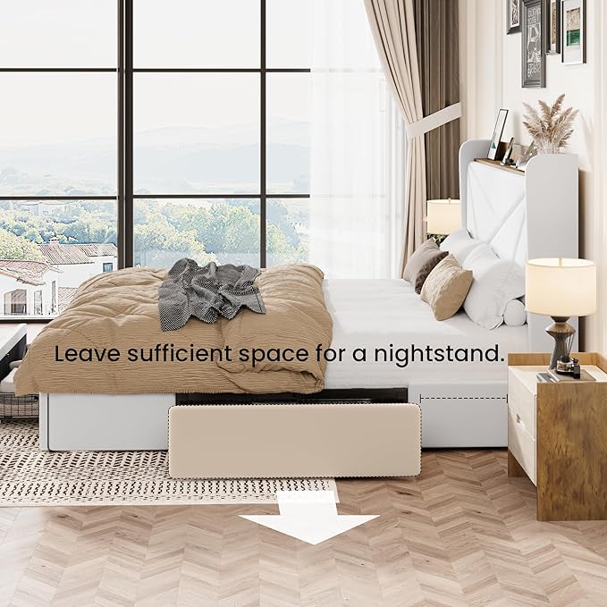 SHA CERLIN Queen Bed Frame with 3 Drawers, USB & Type-C Charging Ports, Velvet Upholstered Platform Bed with Modern Geometric Wingback Storage Headboard, No Box Spring Needed, Easy Assembly, White