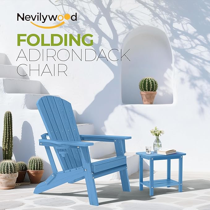 nevilywood Folding Adirondack Chair with Cup Holder Set of 4, HDPE Patio Chairs,All-Weather Outdoor Chairs for Backyard, Deck,Fire Pit-LightBlue