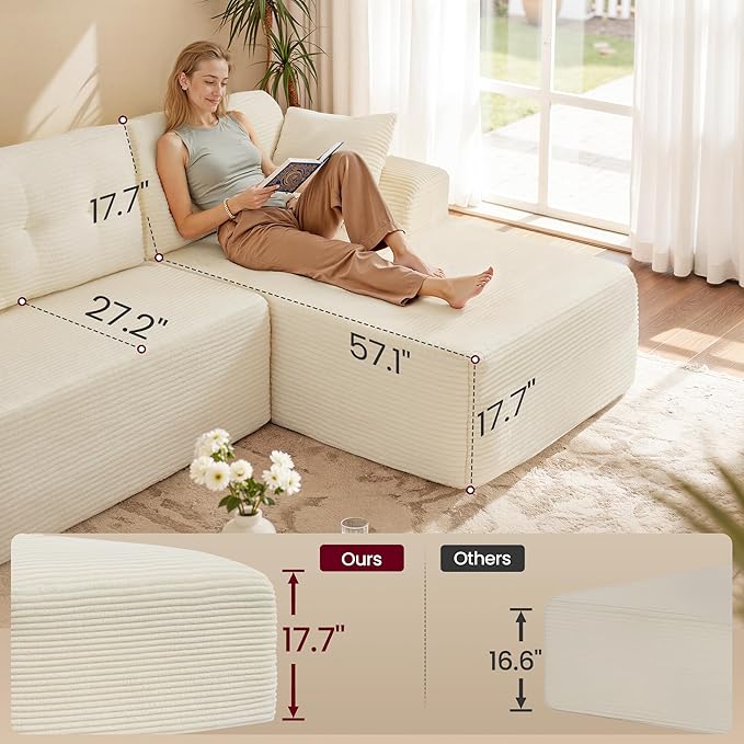 VASAGLE 108.3 Inches Boneless Couch with Chaise, Modular Sectional Sofa, Modern Cloud Couch with Deep Seat, L-Shape Corduroy Sofa for Living Room, Right-Facing Chaise, Bedroom, Cream White ULCS182WD01