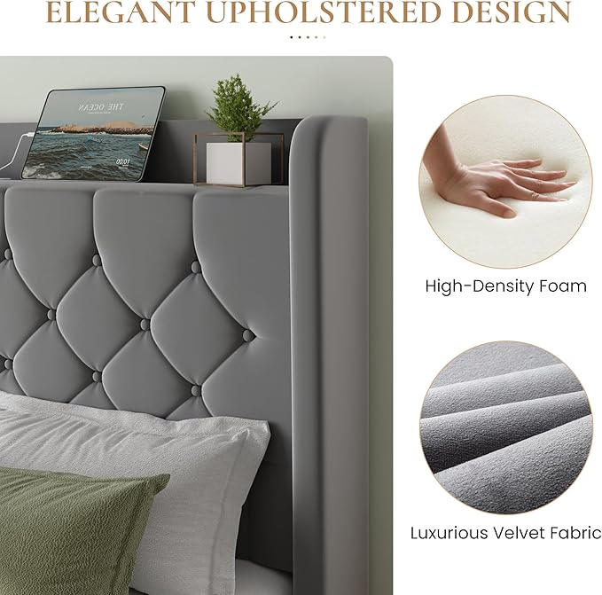 SHA CERLIN Queen Size Platform Bed Frame with Charging Station, Velvet Wingback Headboard with Storage Shelf, Wooden Slats Support, Ample Under-Bed Space, No Box Spring Needed, Easy Assembly, Grey