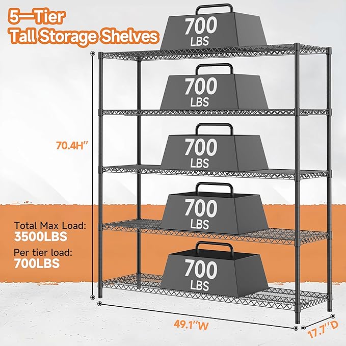 5 Tiers Storage Shelves Load 3300LBS, Metal Shelving Wire Metal Shelving Unit Shelves for Storage Adjustable Garage Shelving for Pantry Kitchen Garage Black 17.7" D x 59.1" W x 70.4" H