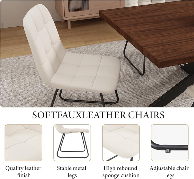 ZckyCine 7-Piece Dining Table Set with 51"-67" Extendable Walnut Wood Table and 6 PU Leather Chairs, Modern Rectangular Kitchen Table Set with Metal Legs, Seats 6, Easy Assembly