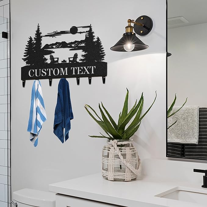 Personalized Key Holder for Wall, Custom Metal Forest Camp Cabin Key Hooks with Name, Metal Jacket Holder Hooks Organizer Rack, Coat Hanger Decor for Kitchen, Entryway, Hallway