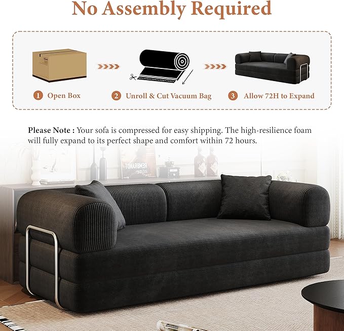 Boneless Couch Sectional Sofa,Convertible Sofa Bed with Sleeper Sofa,Futon Floor Couch Folding Sofas for Living Room,Bedroom,Apartment (Black, 78.8''W)