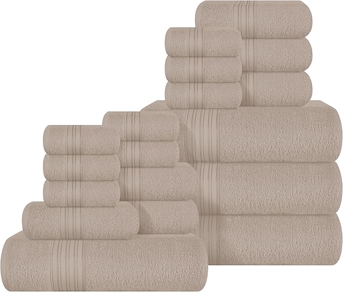 BOUTIQUO 100% Cotton Towel Set, Contains 4 Soft Bath Towel, 6 Hand Towels, 8 Wash Cloths - Compact Absorbent Lightweight & Quickdry Towels for Bathroom - 18 Piece Bathroom Towel Set - Tan