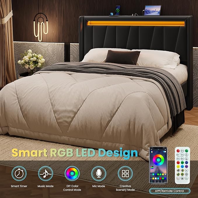 SHA CERLIN Queen Bed Frame with Charging Station and LED Lights, Modern Velvet Platform Bed with Upholstered Geometric Wingback Headboard, No Box Spring Needed, Easy Assembly, Black
