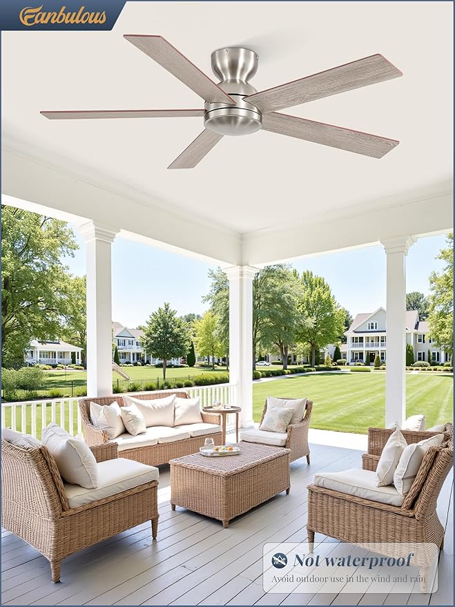 48 Inch Flush Mount Ceiling Fans without Lights, Brushed Nickel Modern Ceiling Fan no Lights, 6-Speeds, Quiet Reversible DC Motor, Indoor/Outdoor Ceiling Fans for Patios, Living Room, Bedroom