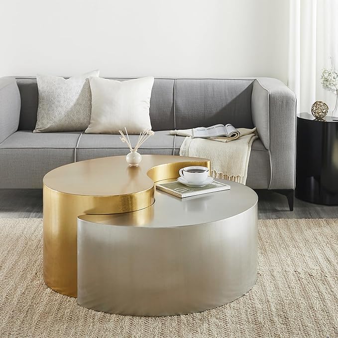 Modern Contemporary Luxury Ying-Yang 36" Coffee Table Set, Sculptural Design with Aluminum Frame for Living Room, Entryway, Home & Office, Gold & Silver Dual Tone Coffee Table