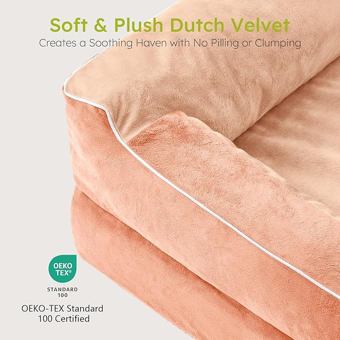 Extra Large Dog Bed, Orthopedic Dog Bed with Cooling Gel Memory Foam, Waterproof XL Pet Bed with Removable Washable Cover, 42" Pet Sofa Couch Dutch Velvet with Bone Toy, Peach Pink