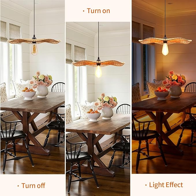 10.2''Small Natural rattan chandelier Pendant Lights -Farmhouse Boho rattan hanging lamp with Included E27 Bulb, 120V wicker pendant lamps for Dining Room Kitchen Island Bedroom living room