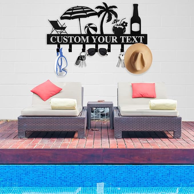 Personalized Key Holder for Wall - Beach Theme Key Holder Wall Mounted, Metal Coat Rack Hook Organizer, Key Rack Wall Hanging for Living Room, Bathroom, Entryway, Home Decor Housewarming Gifts