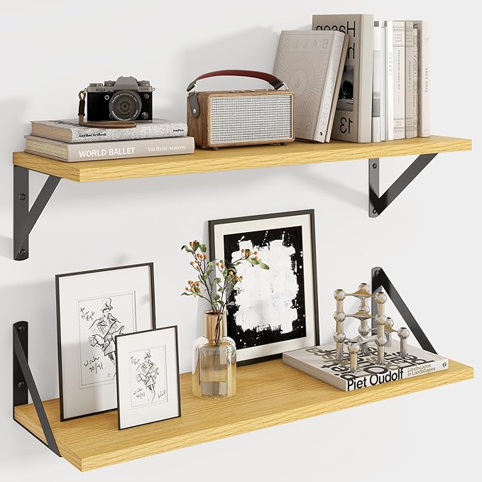 Axeman 24 Inch Floating Shelves | 8 Inch Deep Oak Wall Shelves Set of 2 | 24W x 8D Rustic Wood Shelves for Bookshelf Living Room Bedroom Home Office Bathroom