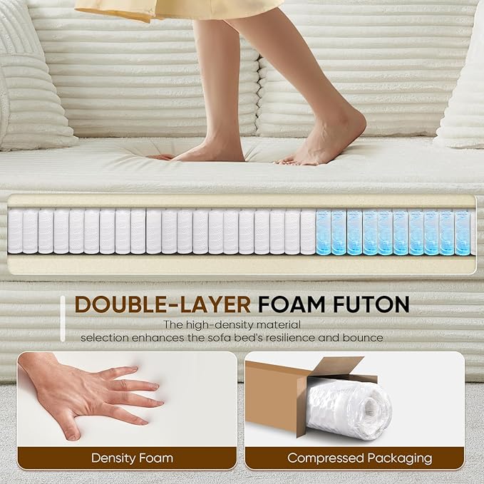 Antetek Convertible Sofa Bed, Comfy Corduroy Fluffy Love seat Sleeper Sofa, 5 in 1 Folding Couch Bed, Fold Out Floor Couch with Pillows for Bedroom, Living Room, Office, Wide Stripes, Beige