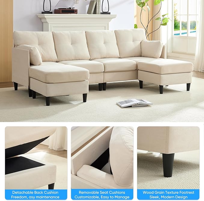PUREMIND Sectional Home Sofa Living Room, Modern U-Shaped Sofa Couches with Double Chaise, Upholstered 4 Seater Sofa for Living Room, Apartment, Beige