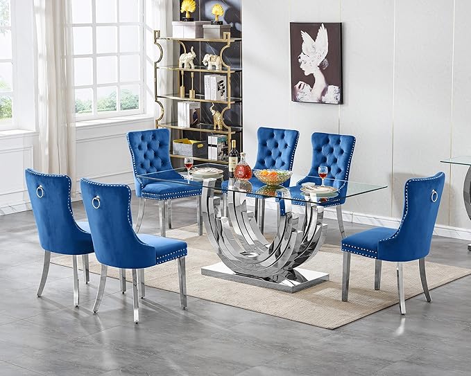 7 Piece Dining Table Set with 6 Blue Dining Chairs, Modern Glass Kitchen Table and Chairs Set for 6, 70" Rectangle Silver Glass Pedestal Dining Room Tables with Ring-Shape Stainless Steel Base