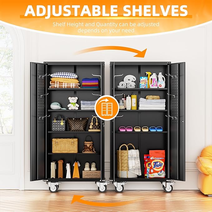 INTERGREAT Metal Storage Cabinet with Wheels, 72" Lockable Mobile Cabinets with Adjustable Shelves, Large Capacity Rolling Tall Cabinet with Casters for Home Office, Kitchen, Garage, School(Black)