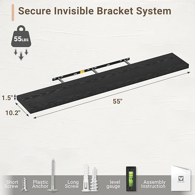 Vivelove 55 Inches Floating Shelves Wall Mounted, 10" Deep Wall Shelves for Bedroom, Bathroom, Living Room, Kitchen, Office, Home Decor, Modern Shelf, Set of 2, Black, 55x10.2x1.5