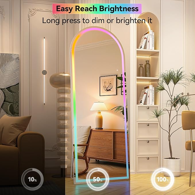 Hasipu 80.7" x 33.4" Arch LED RGB Bluetooth Full Length Mirror with Stand ＆ 7 Color Lighting Modes, Full Body Mirror with White Frame for Bedroom, Living Room, Dressing Room