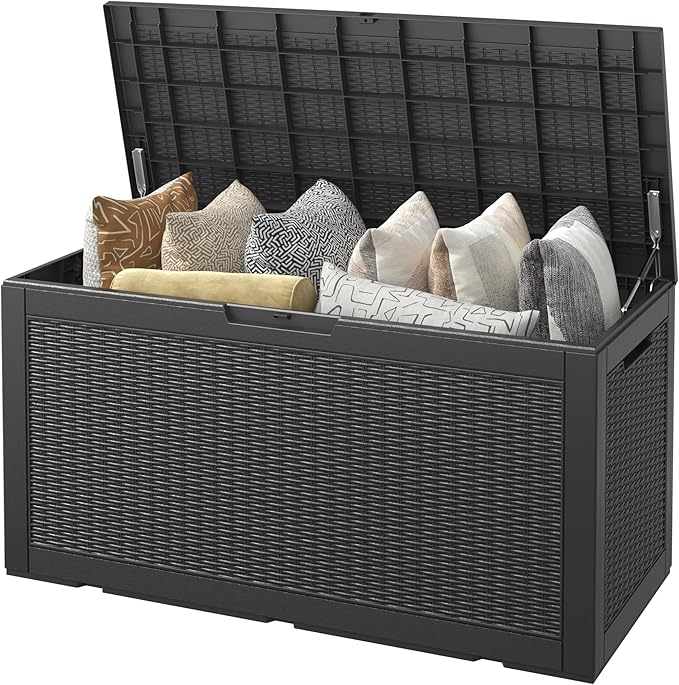 Outdoor Storage Box, Resin Deck Boxes Indoor and outdoor, Waterproof Storage Box Lockable Lid (Black, 100 Gallon)