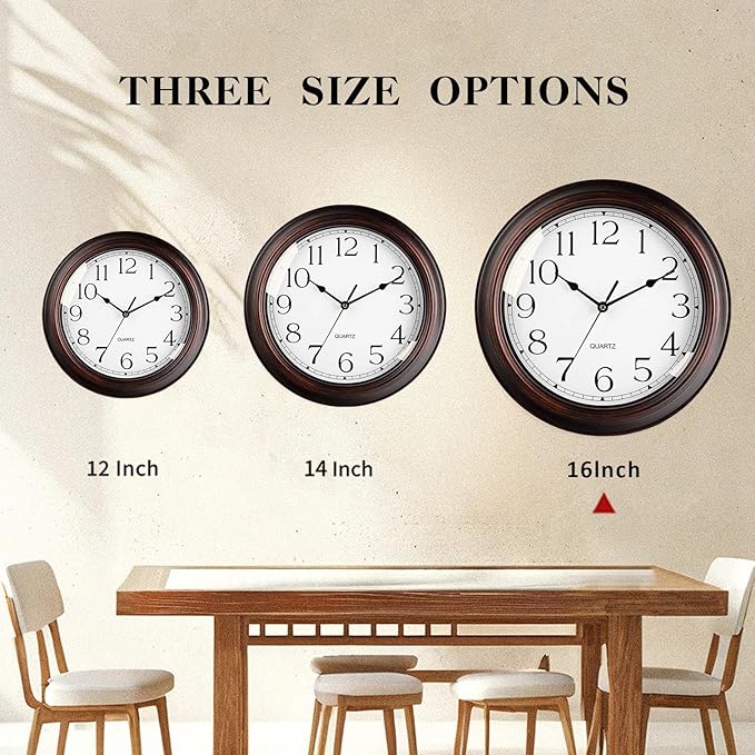 16 Inch Wall Clocks Battery Operated Silent Non-Ticking Wall Clock Vintage Retro Rustic Style Decorative for Living Room Kitchen (Bronze)