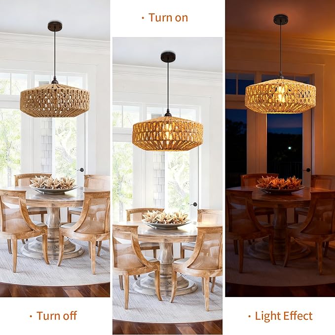 14'' Natural Rattan Chandelier Small Rattan Pendant Light -Farmhouse Boho Hanging Light with Included E27 Bulb, 120V Wicker Chandelier for Dining Room Bedroom Living Room Island